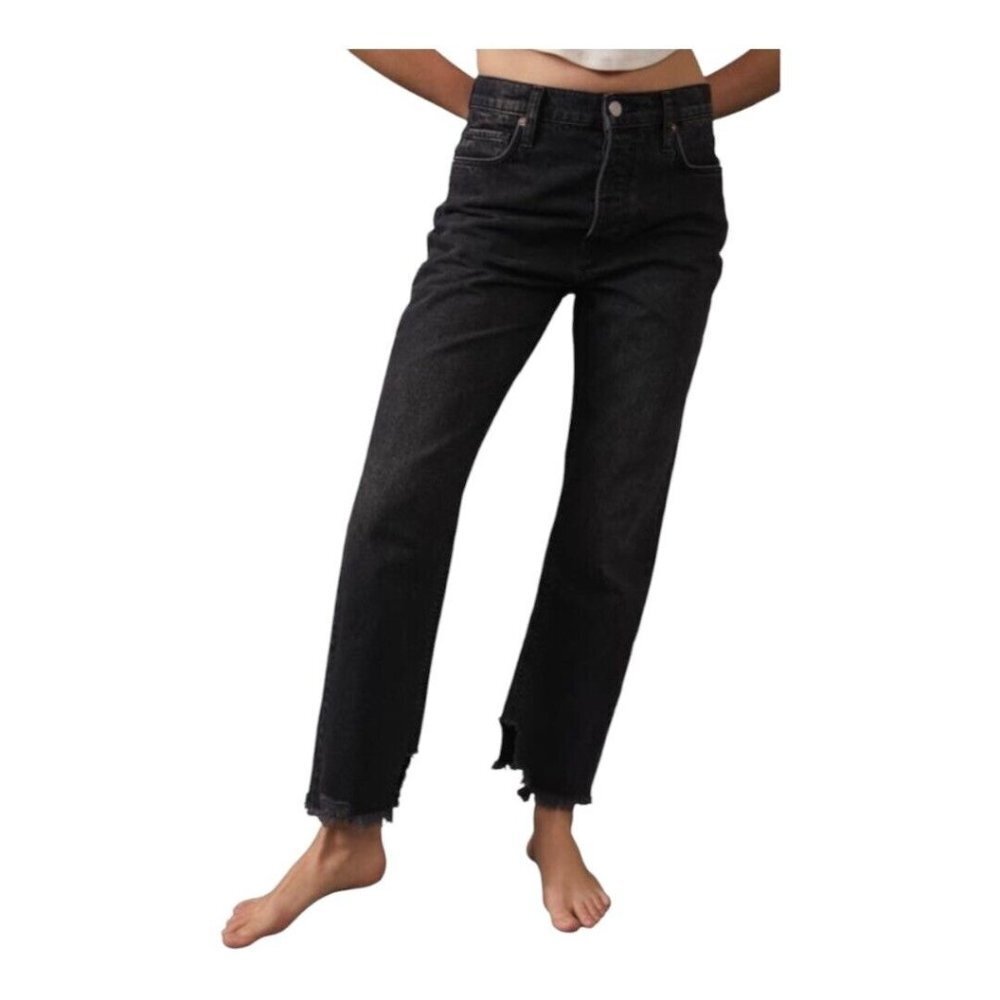 We the Free Tapered Baggy Women Black Jeans Sz 25 x27 Raw Hem High-Rise Denim